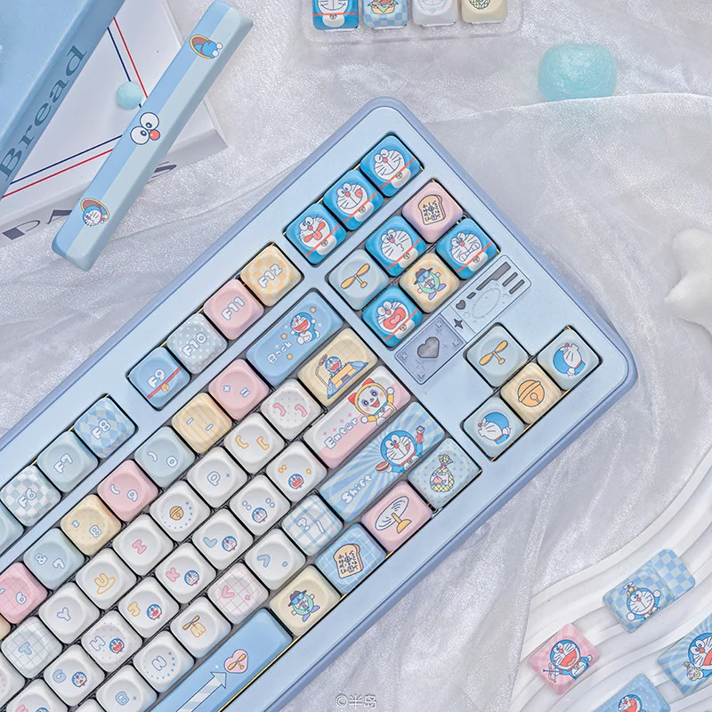 Overview of the full 132-key Doraemon keycap set layout, displaying various character and gadget keys.