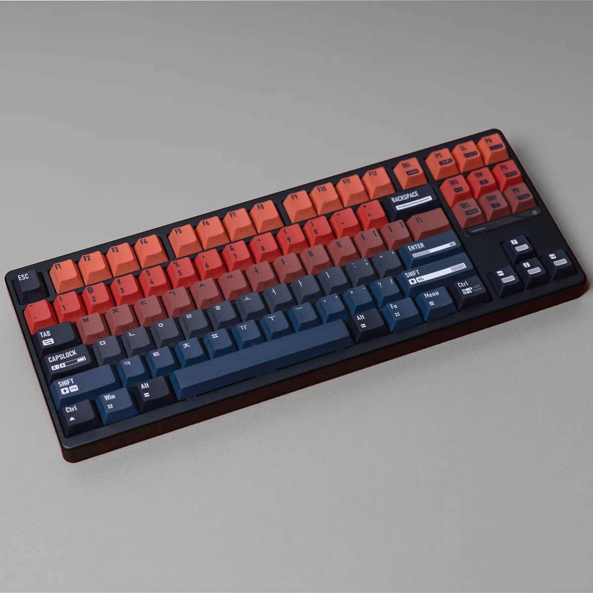 Overhead shot of the full Universe Gradient PBT keycap set layout, displaying all keys.