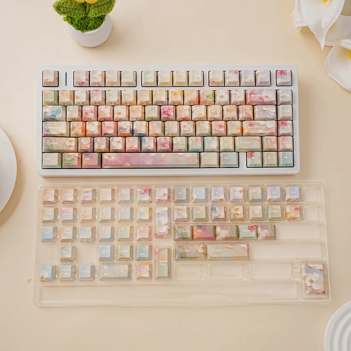 Keycap set spread out, highlighting extensive layout compatibility