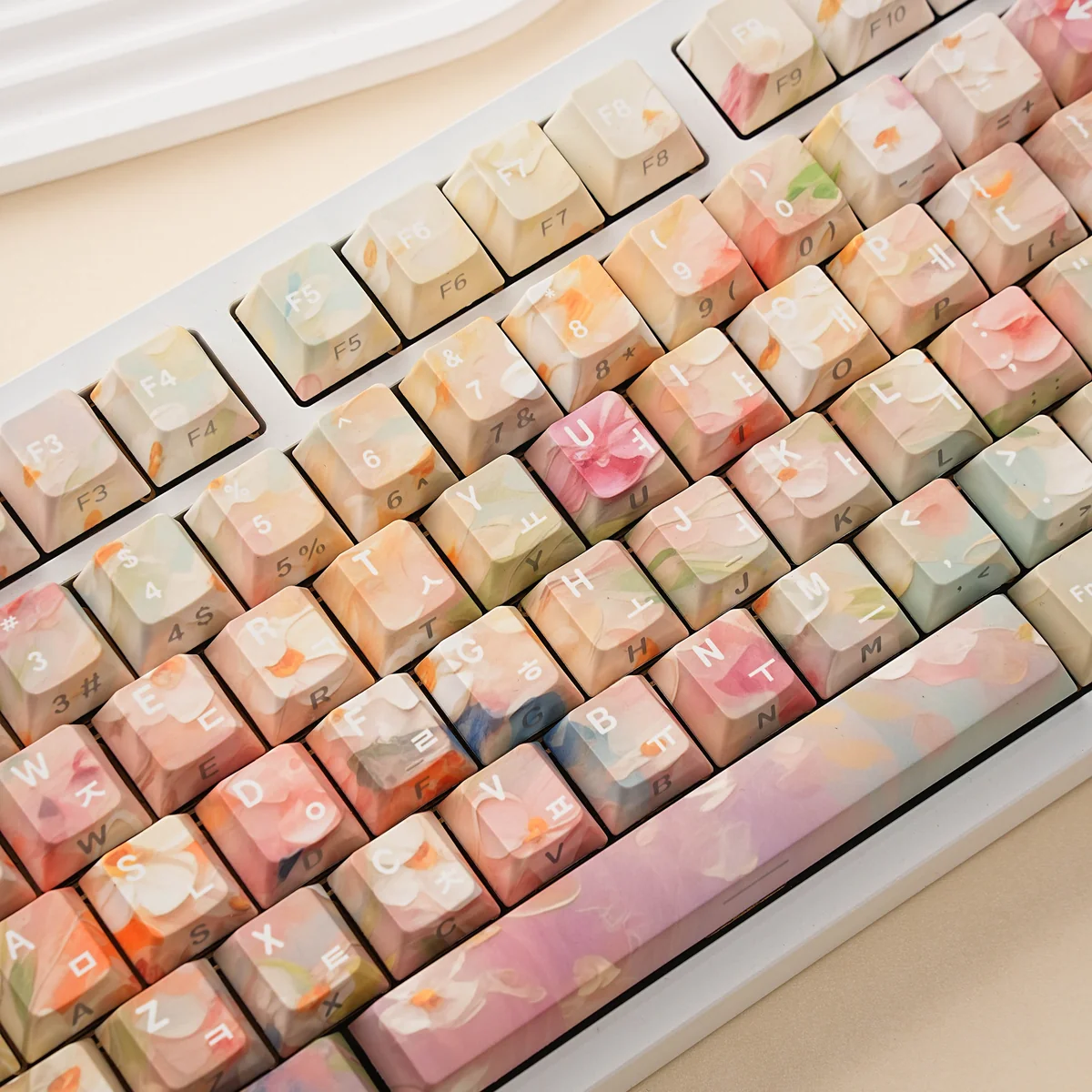 Close-up of PBT keycaps showcasing durable material and smooth texture