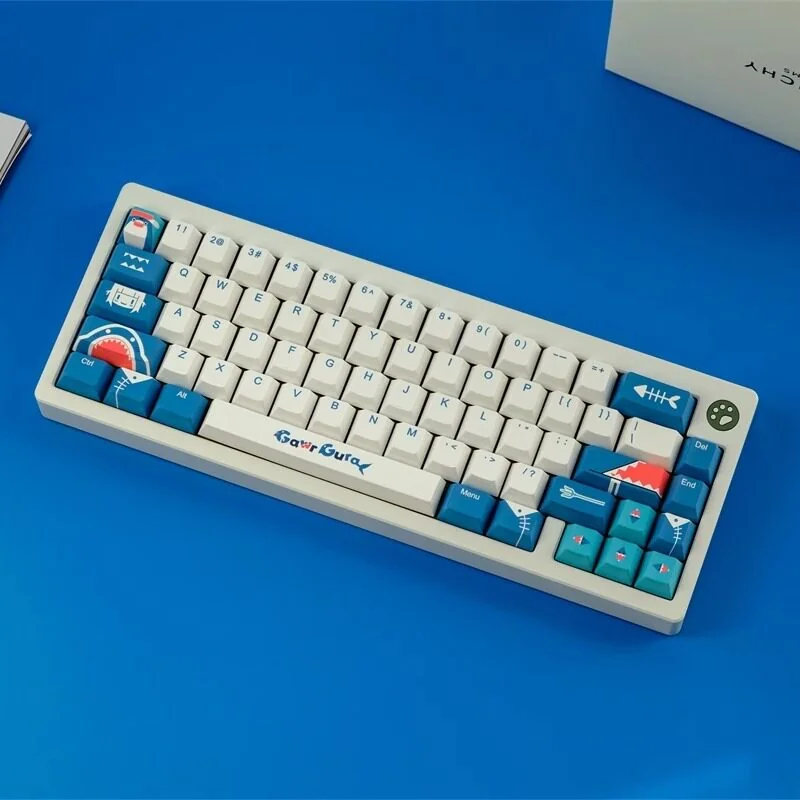 Side view of Gawr Gura Cherry profile keycaps, demonstrating ergonomic sculpt.