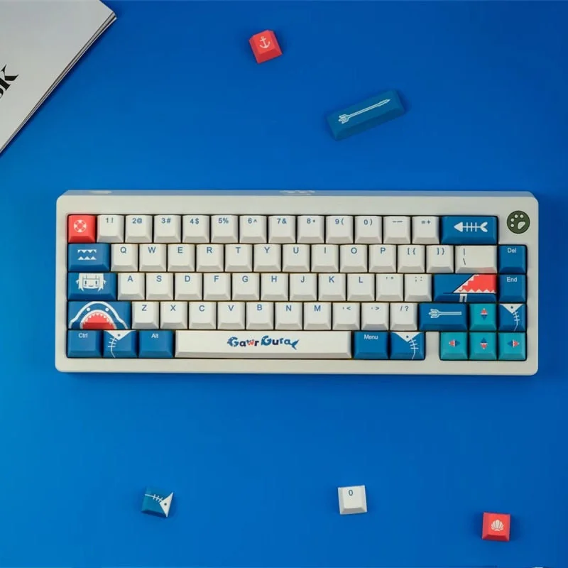 Gawr Gura keycap set layout example on a 65% mechanical keyboard, showing full coverage.