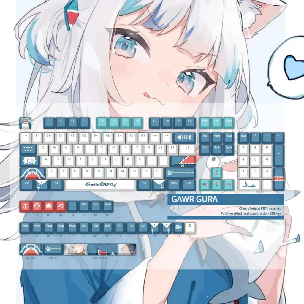 Gawr Gura PBT Dye-Sub Cherry Profile Keycap Set on a mechanical keyboard, showcasing vibrant blue and white theme.