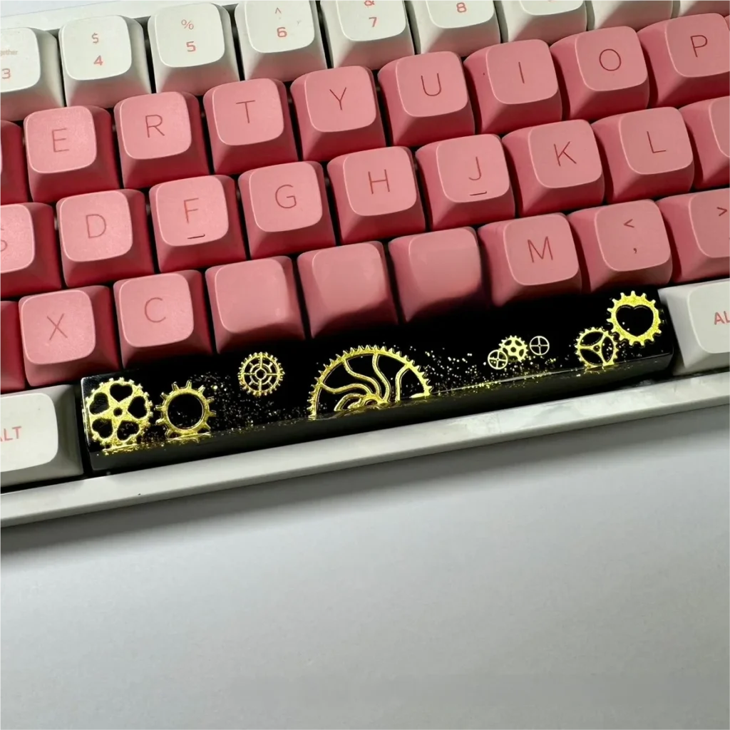 Gear Spacebar Keycap mounted on a Cherry MX switch, highlighting its unique steampunk aesthetic.