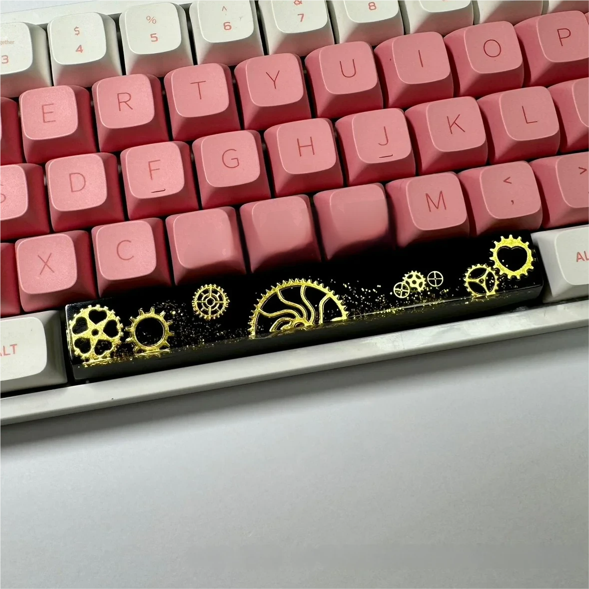 Gear Spacebar Keycap mounted on a Cherry MX switch, highlighting its unique steampunk aesthetic.