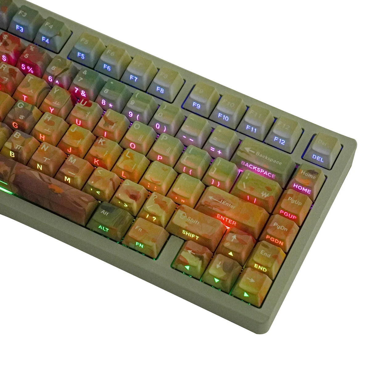 Close-up of Ghibli-inspired floral keycap designs