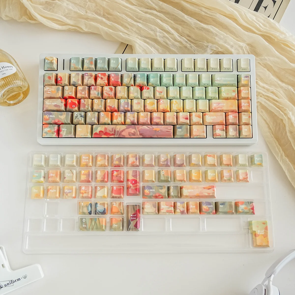 Side view of Ghibli floral keycaps showing profile