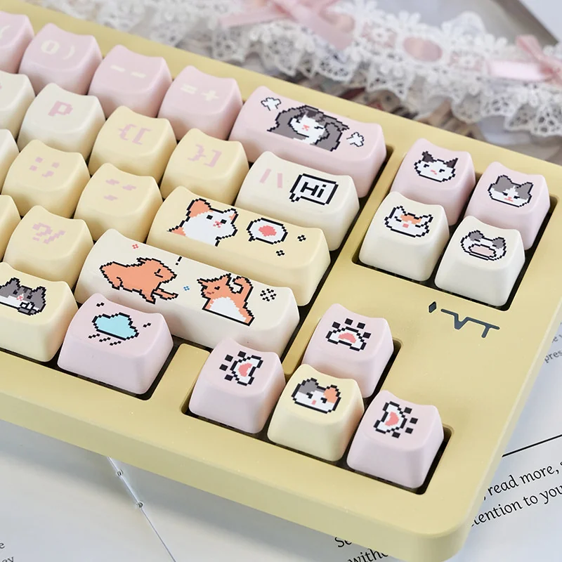 Hachimi Pixel Cat Meme Adorable pixel cat memes installed on a mechanical keyboard setup
