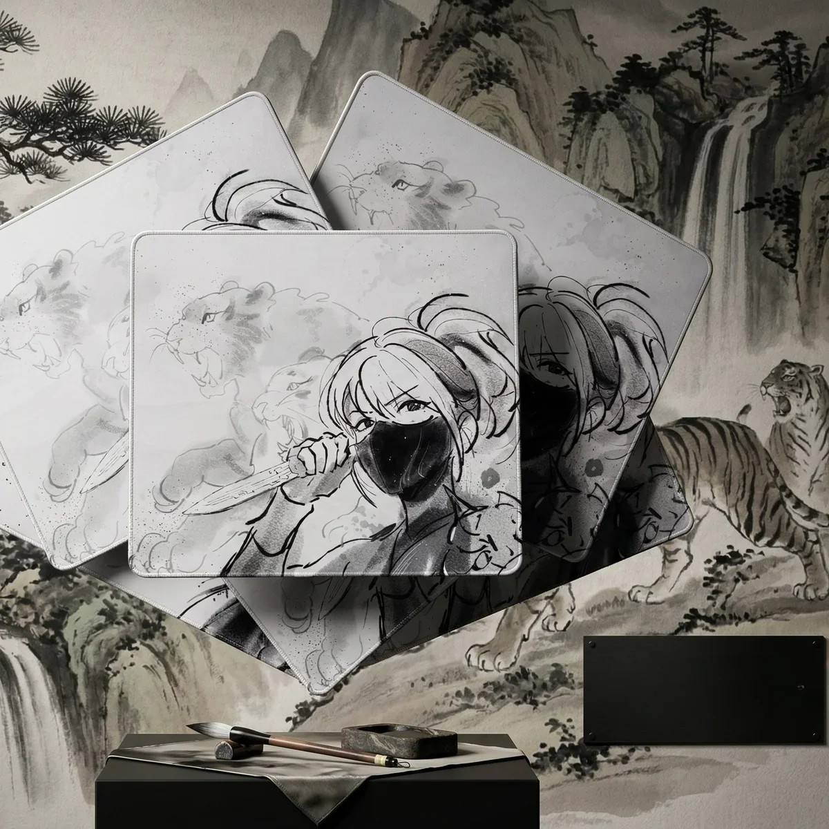 Hackclaw Ink Wash Mouse Pad mounted on a minimalist desk accessories, highlighting the serene aesthetic.