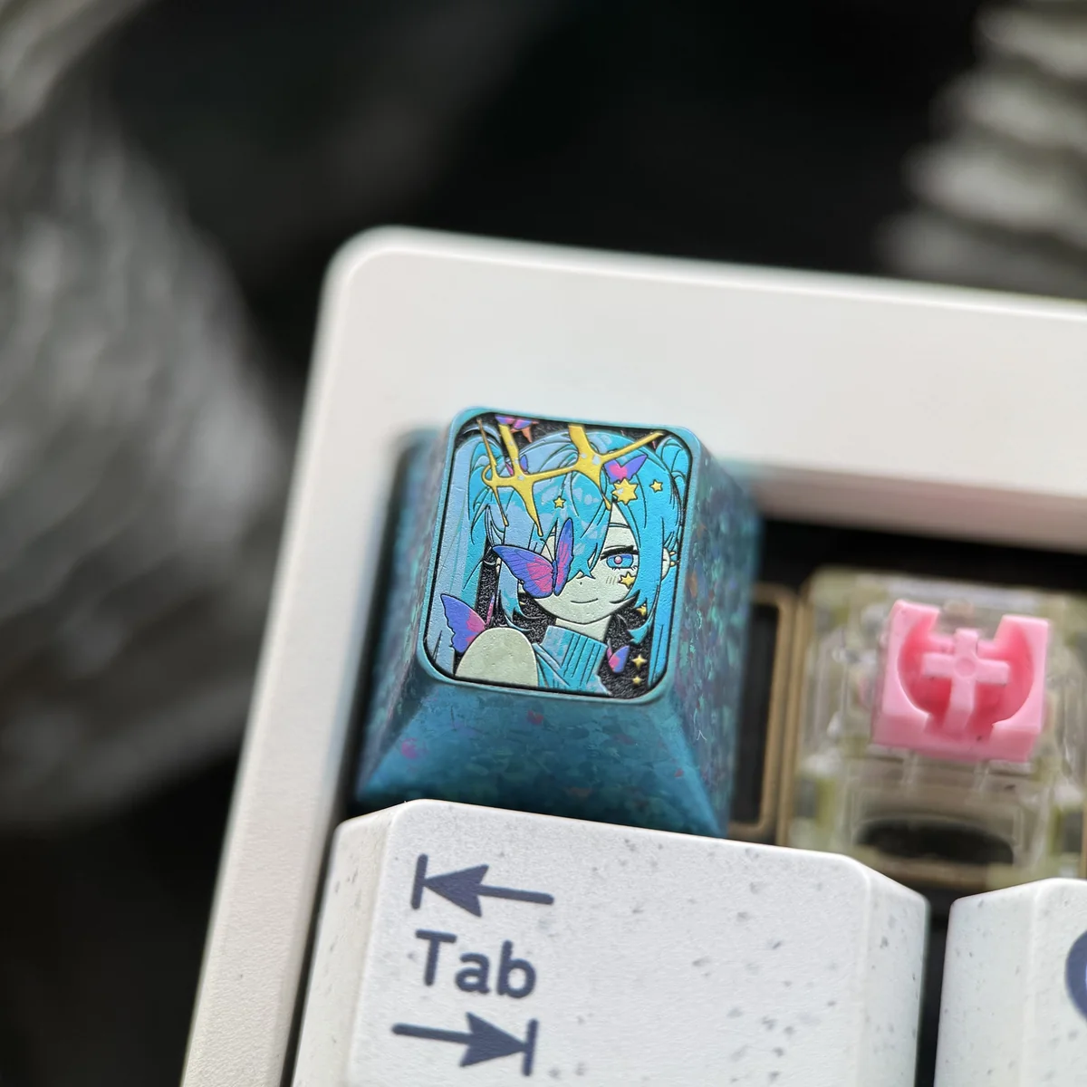 Handcrafted Hatsune Miku artisan keycap on mechanical keyboard