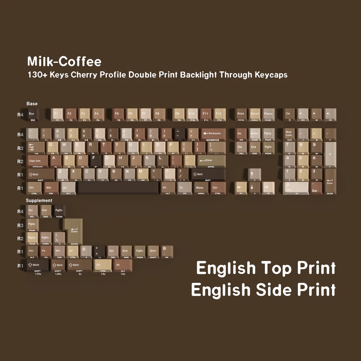 Detailed shot of individual Milk Coffee keycaps, emphasizing the warm color palette and quality.
