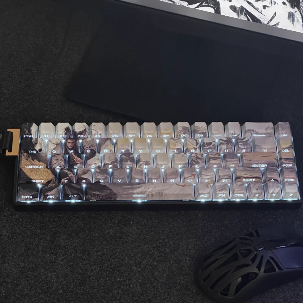 Close-up of Jinxian Cherry Keycap Set Side-Engraved Backlit highlighting details and finish