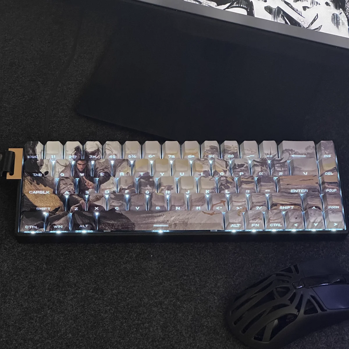 Close-up of Jinxian Cherry Keycap Set Side-Engraved Backlit highlighting details and finish