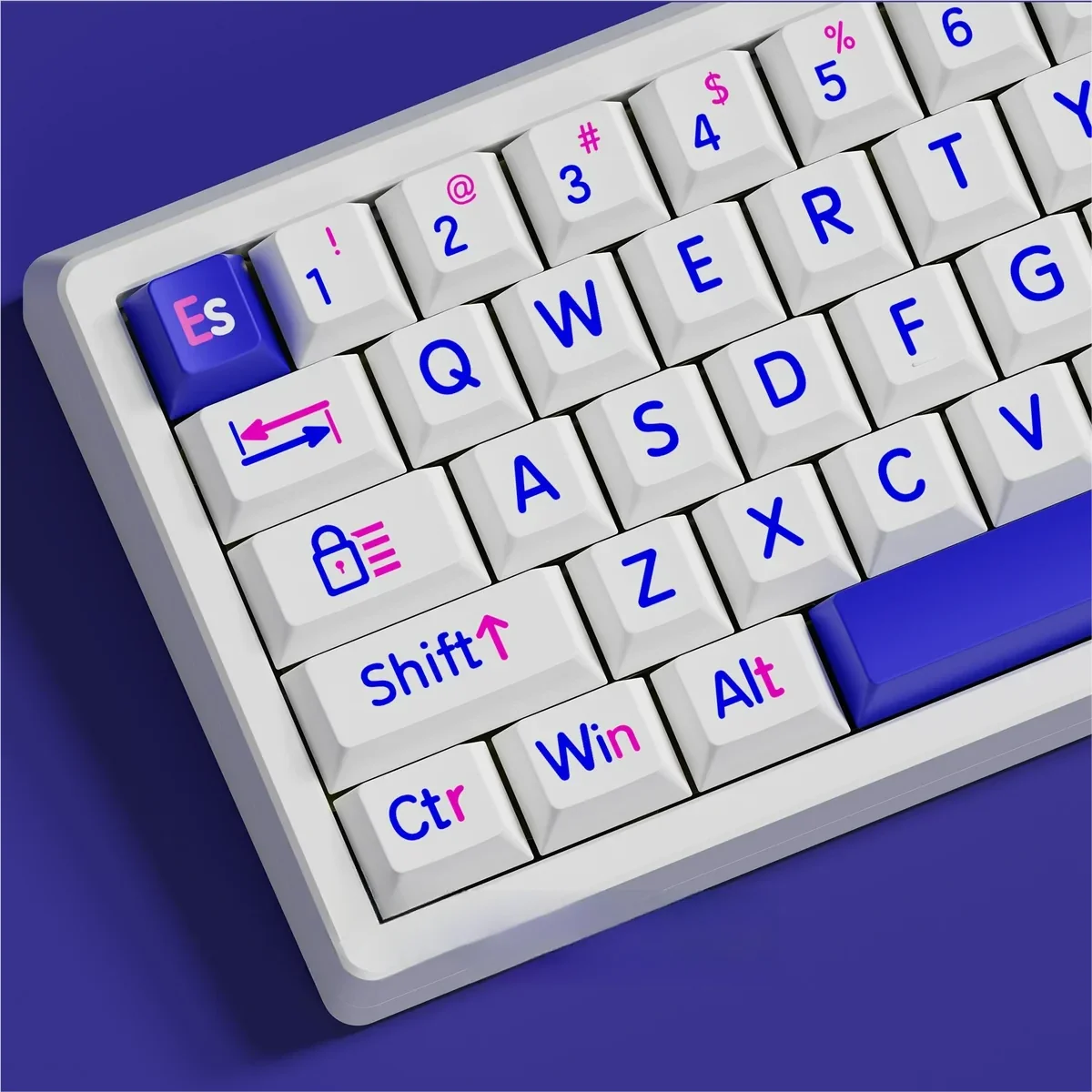 Close-up of bold, large legends on Klein Blue PBT keycaps