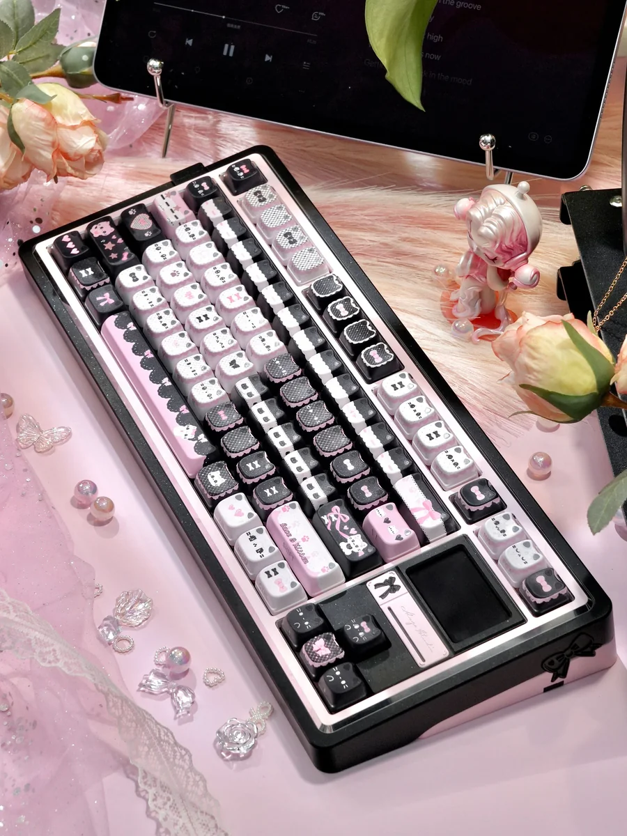Close-up of Lace Cat keycaps showcasing intricate lace patterns and PBT texture