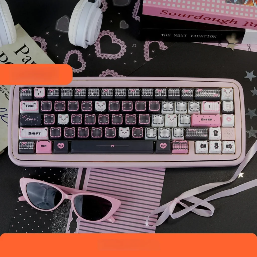 Lace Cat PBT Keycap Set on a mechanical keyboard with pink accents