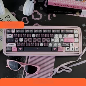 Lace Cat PBT Keycap Set on a mechanical keyboard with pink accents