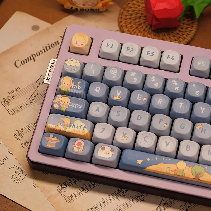 Close-up of Le Petit Prince MOA keycaps, highlighting intricate dye-sublimated starry night designs and PBT texture.