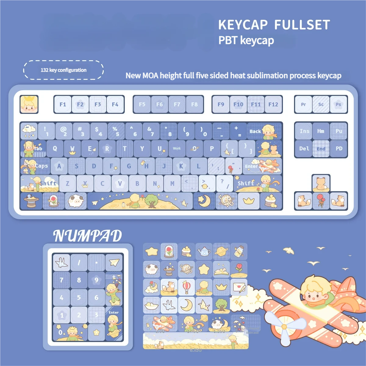 Lifestyle desk setup with the Le Petit Prince Starry Sky keycap set on a keyboard, creating an enchanting workspace.