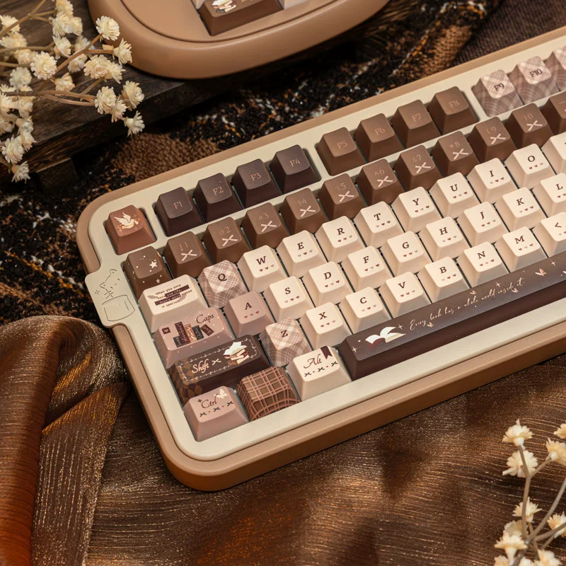 Close-up of PBT dye-sublimated keycaps with book-themed legends