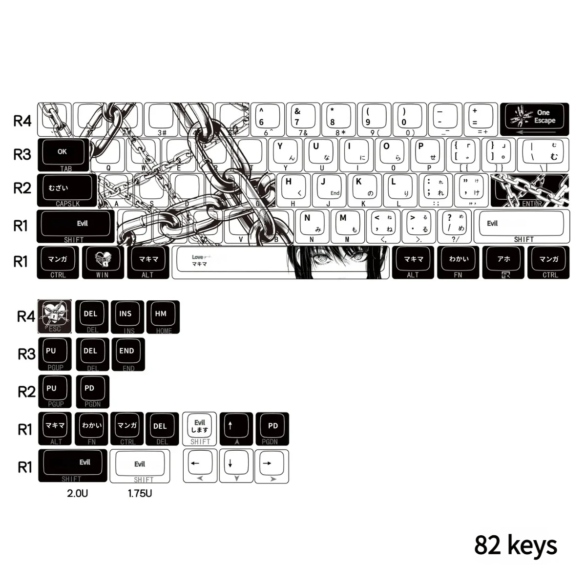 Detailed view of the translucent, side-engraved legends on the Makima keycaps, highlighting light-through effect