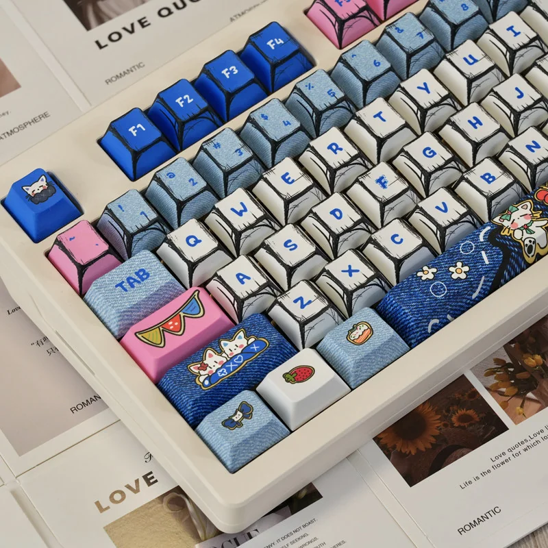 Close-up of dye-sublimated cowboy cat legends on PBT keycaps