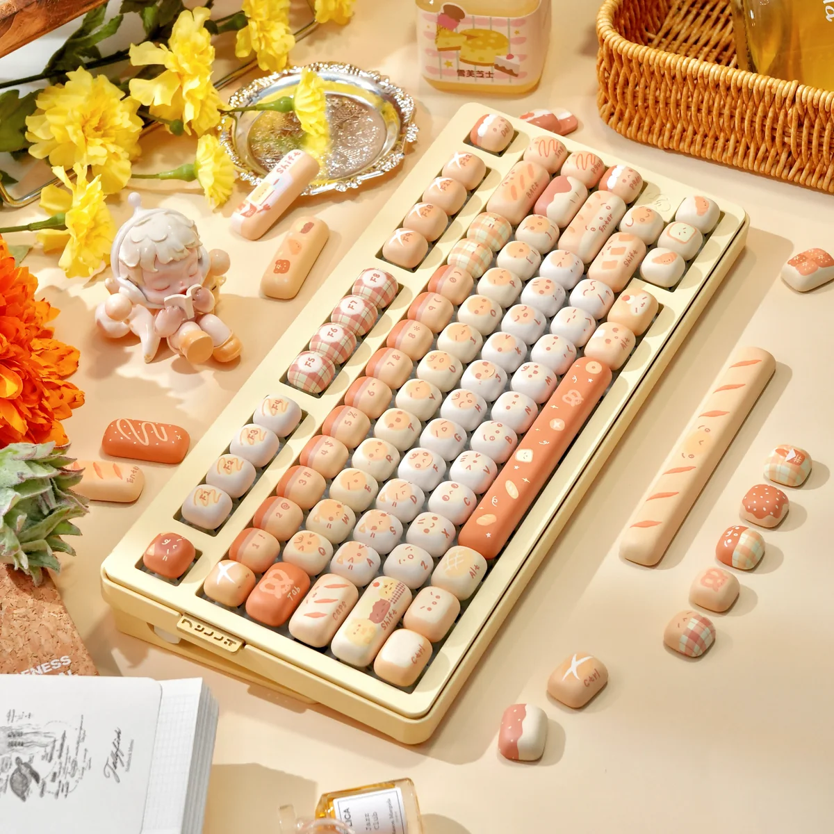 Close-up of Mantou PBT keycaps showcasing dye-sublimated pastel legends