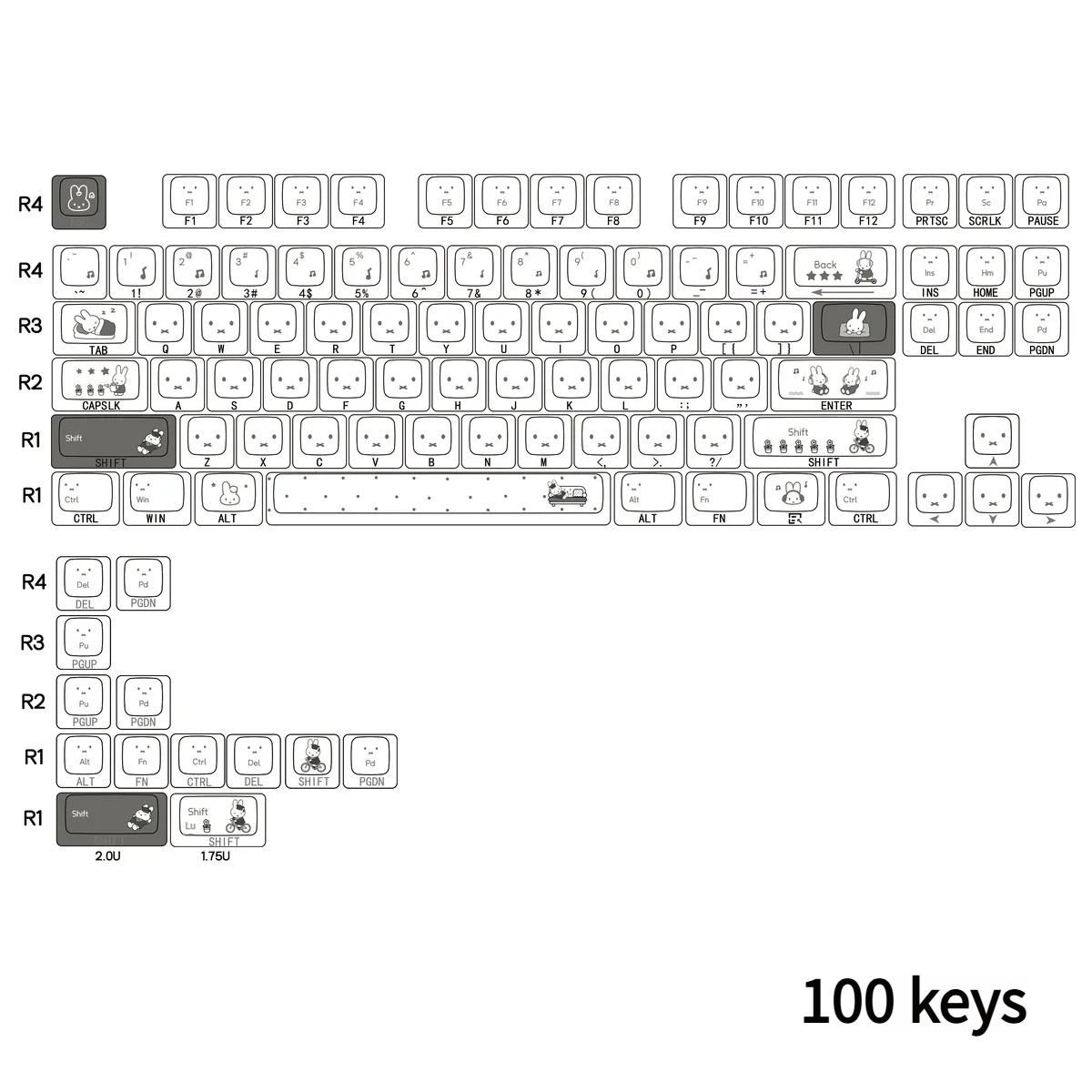 Underside view of Miffy PBT keycaps, confirming MX stem compatibility for mechanical keyboards