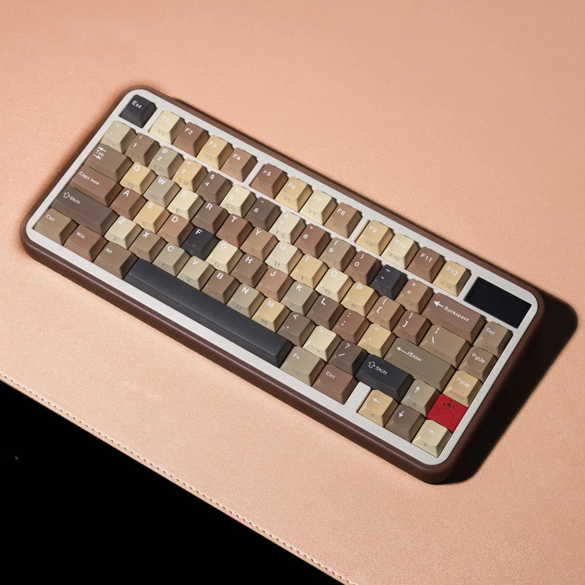 Ergonomic Cherry Profile of the Milk Coffee keycaps, arranged for a comfortable typing angle.