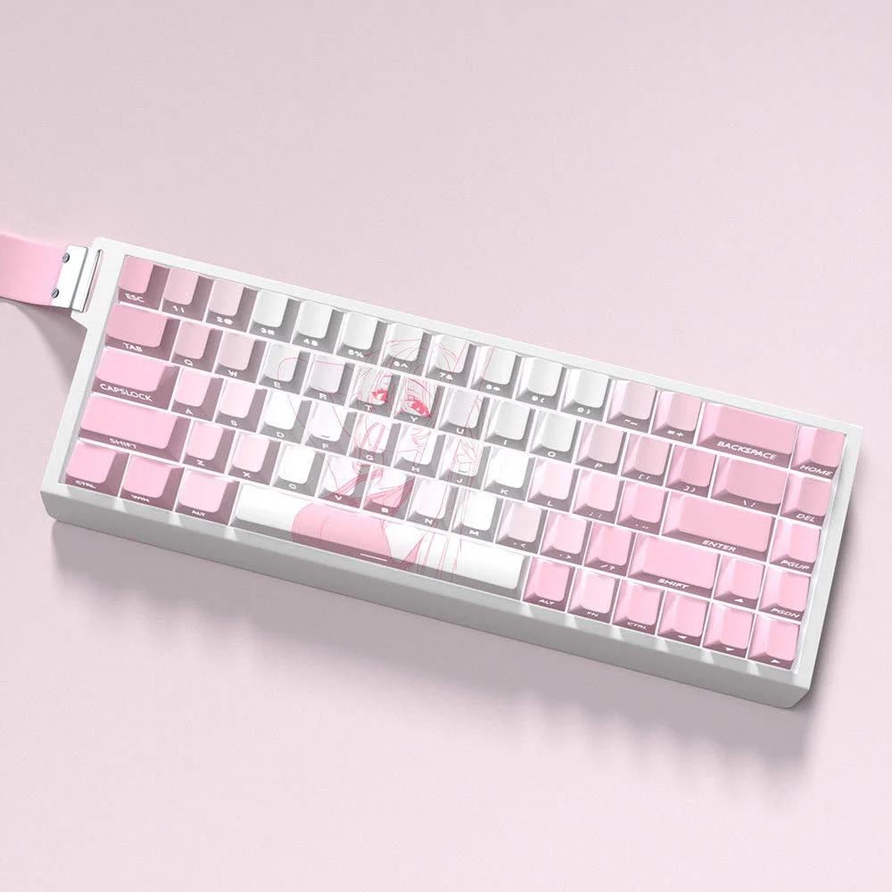 Miyako Shikimori keycaps in a full keyboard layout, demonstrating side-lit effect with backlighting.