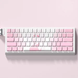 Miyako Shikimori PBT keycap set on a mechanical keyboard, showing vibrant anime characters and side-lit legends.