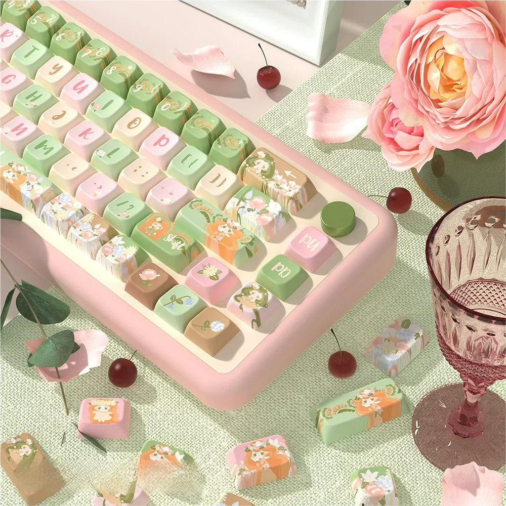 Close-up of Mucha Garden PBT dye-sublimation keycaps floral design