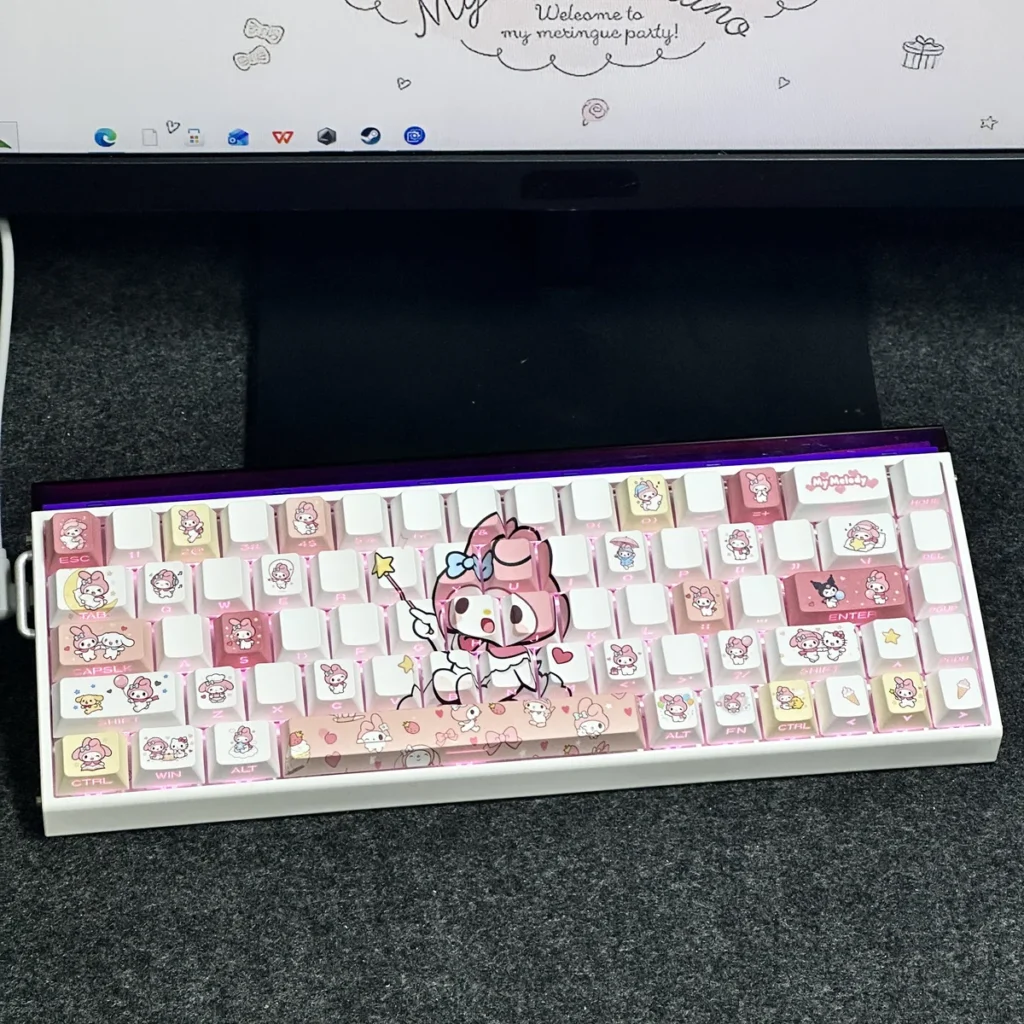 My Melody PBT Doubleshot Keycap Set with side-printed backlit legends on a mechanical keyboard