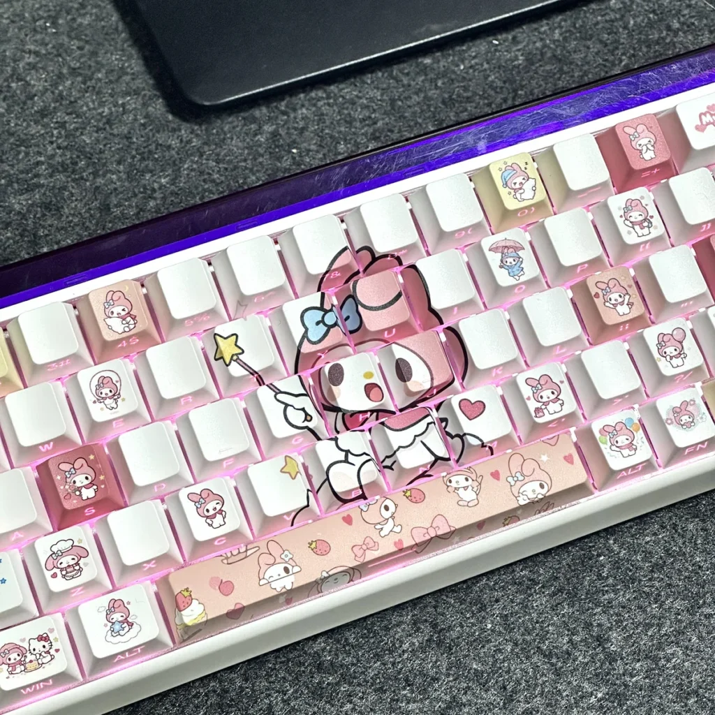 Overhead shot of the full 100-key My Melody keycap set in Cherry profile