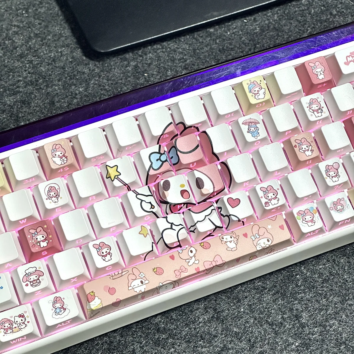 Overhead shot of the full 100-key My Melody keycap set in Cherry profile
