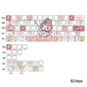 My Melody keycap set on a keyboard, demonstrating layout compatibility and themed design