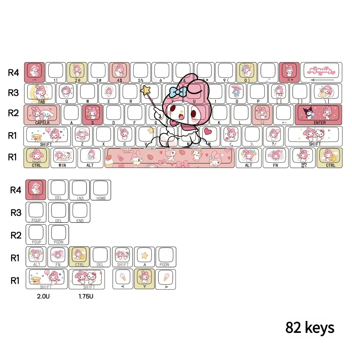 My Melody keycap set on a keyboard, demonstrating layout compatibility and themed design