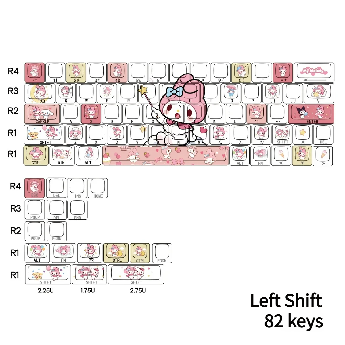 Stack of My Melody PBT doubleshot keycaps, emphasizing material quality and thickness