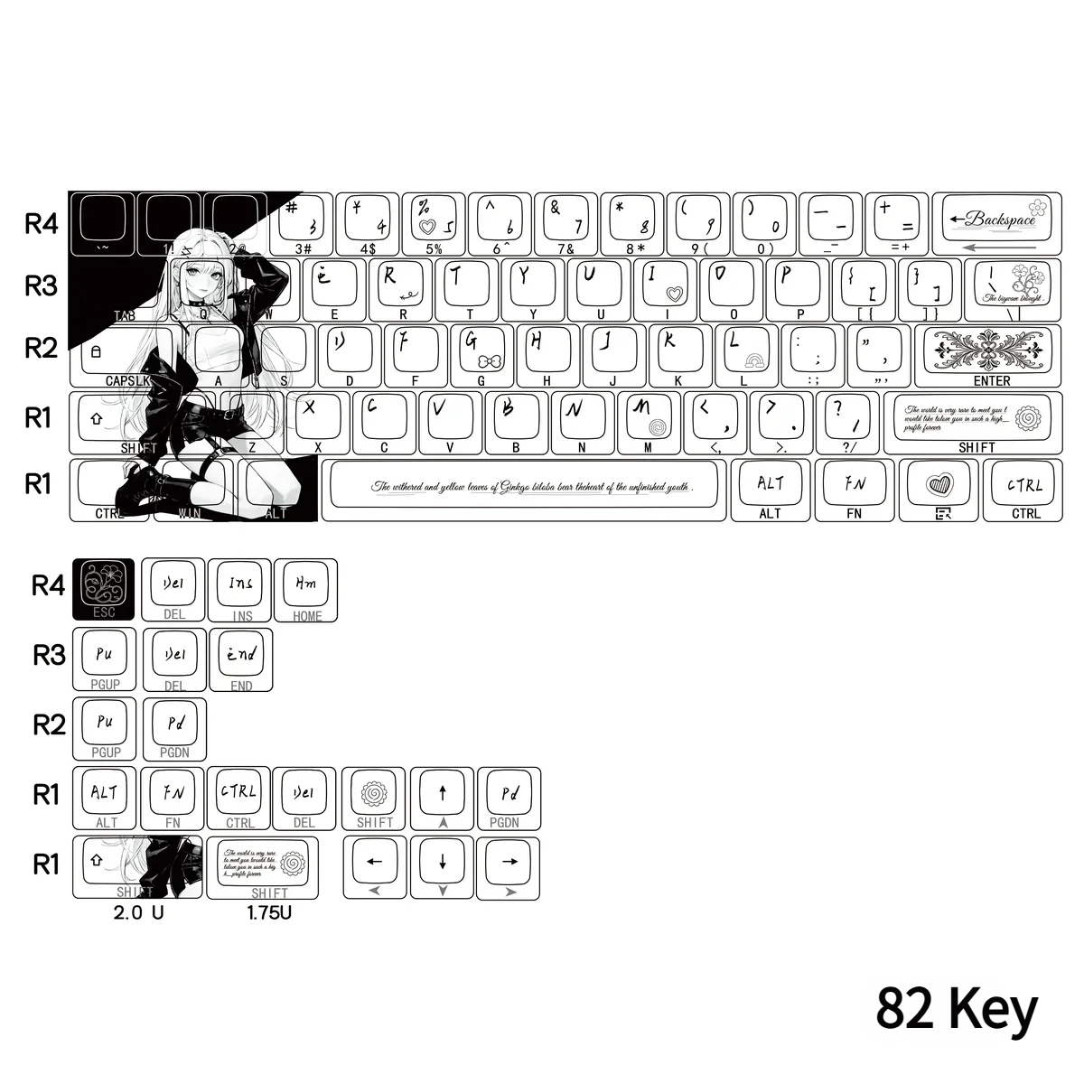 Close-up of Nako character art on PBT keycaps with subtle side lighting