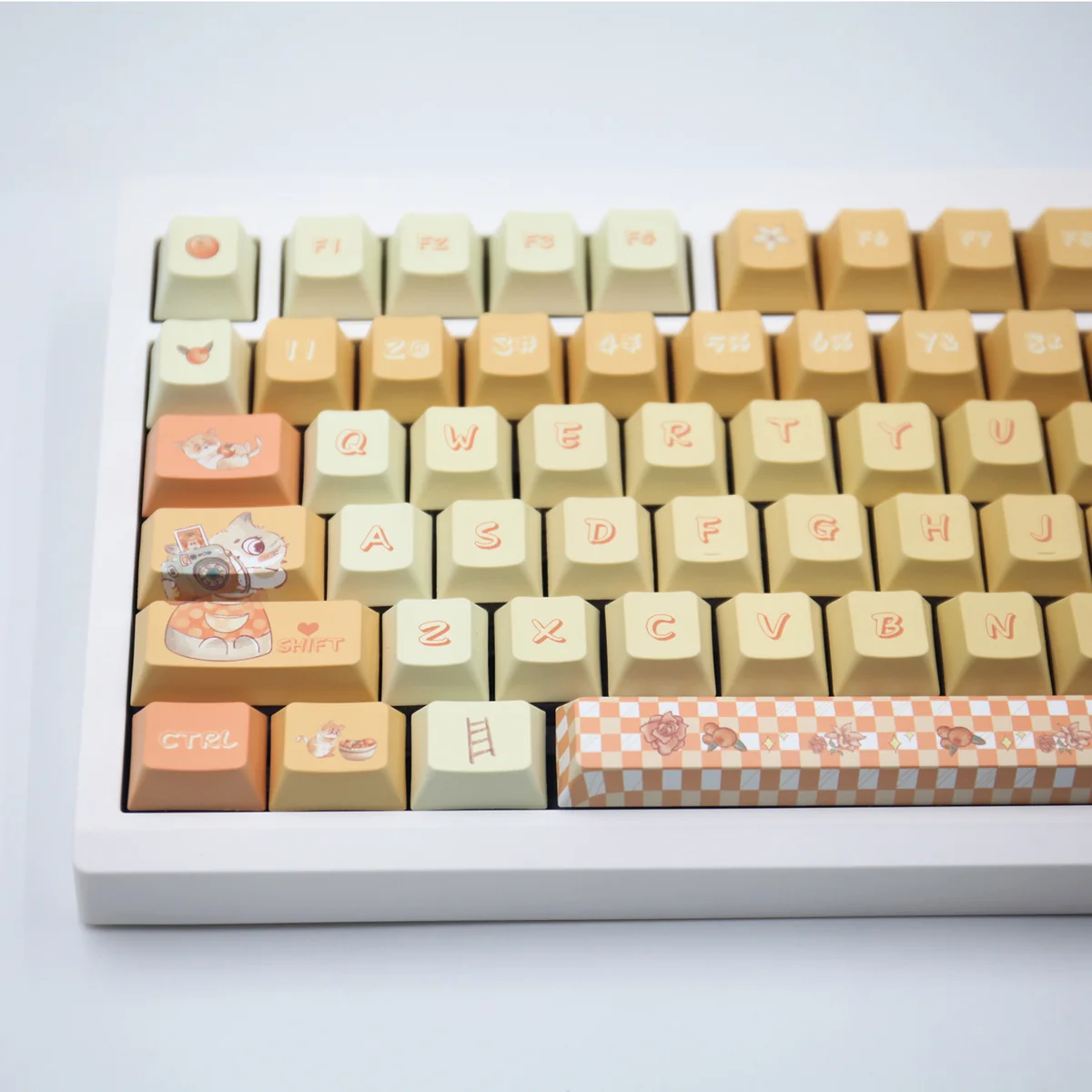 Close-up of Orange Garden keycaps, highlighting the detailed dye-sublimated fruit and leaf designs.
