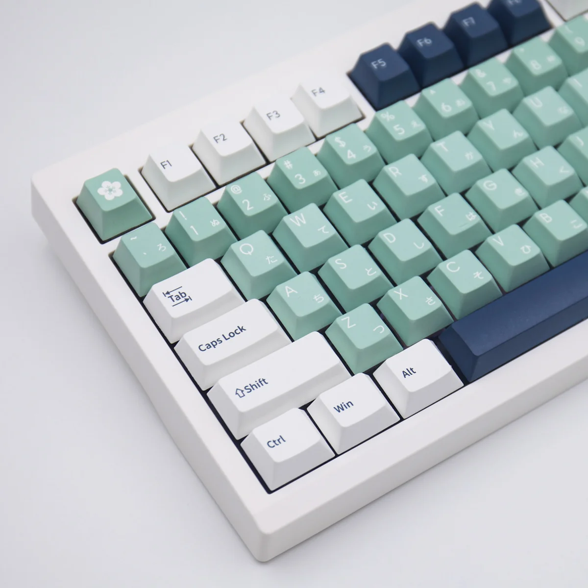 Close-up of PBT dye-sublimation emblem keycap texture