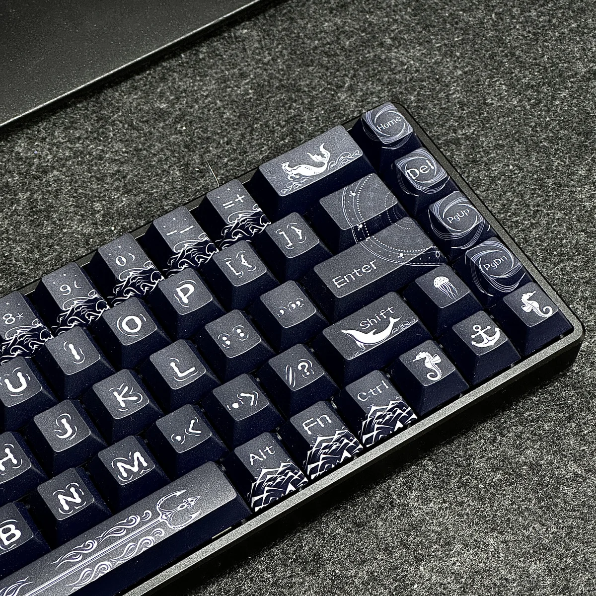 Detail shot of the PBT keycaps with dye-sublimated legends, part of the Poseidon Keycap Set.