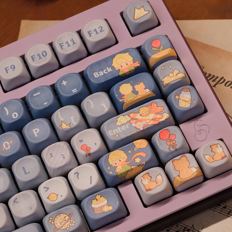 Detail shot of PBT keycaps from the Le Petit Prince set, emphasizing vibrant colors and fade-resistant legends.