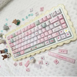 Picnic Bear PBT Keycap Set featuring whimsical designs and pastel colors on a mechanical keyboard.