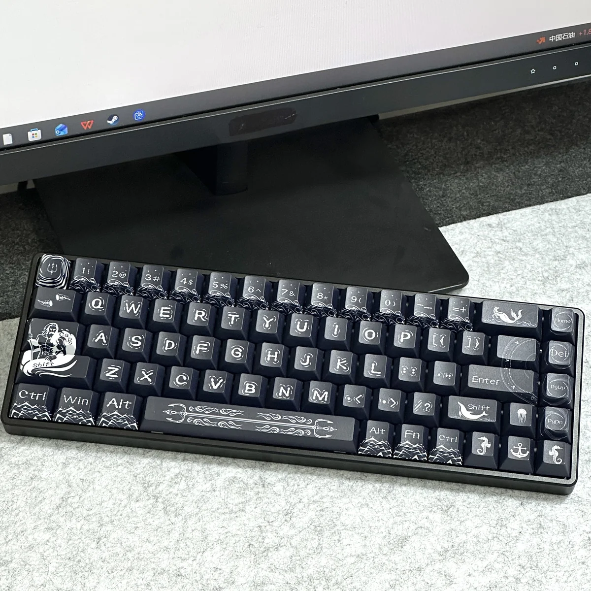 Overview of the Poseidon Keycap Set installed on a keyboard, emphasizing the full mythological aesthetic.
