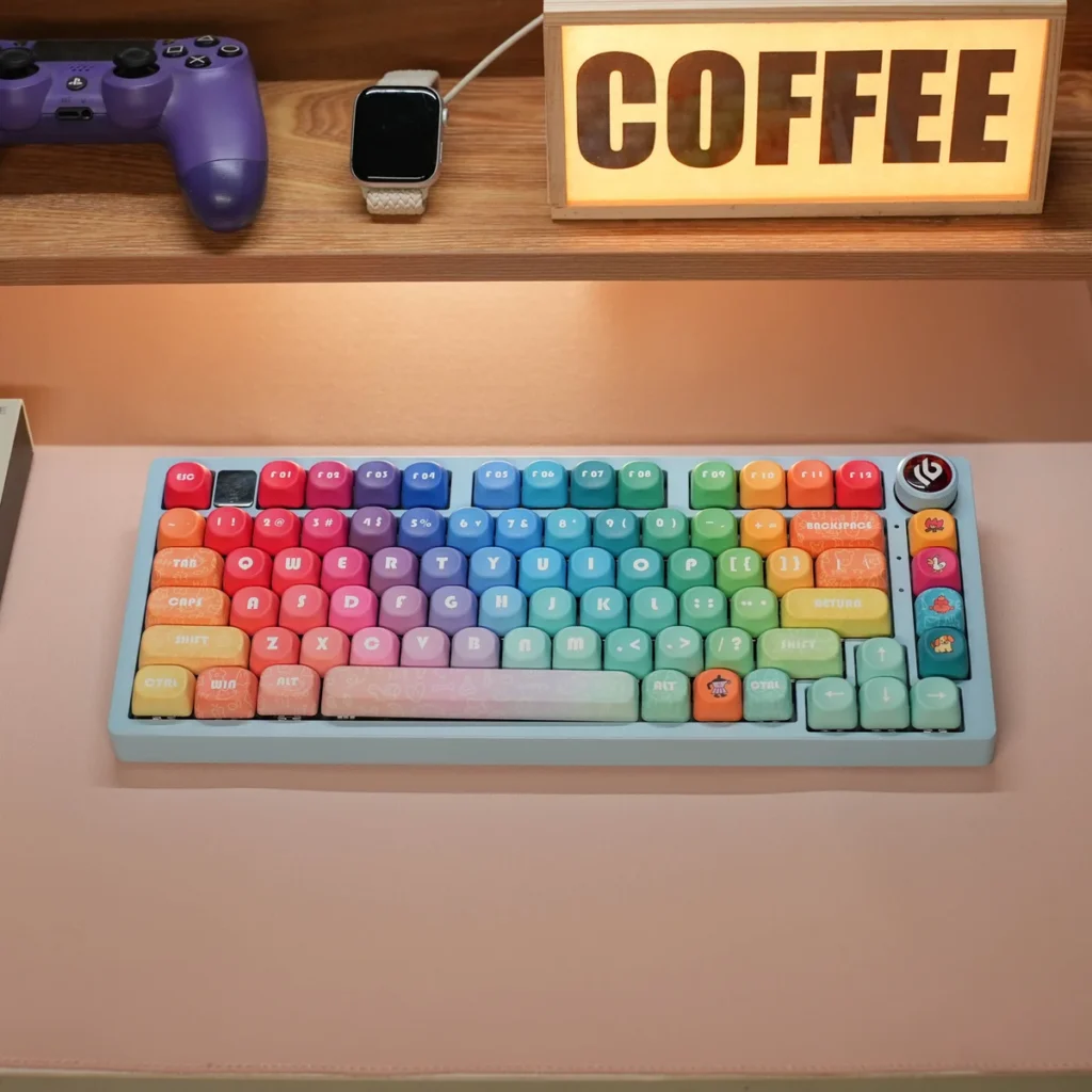 Rainbow PBT Keycap Set on a mechanical keyboard, showcasing vibrant colors and Cherry profile