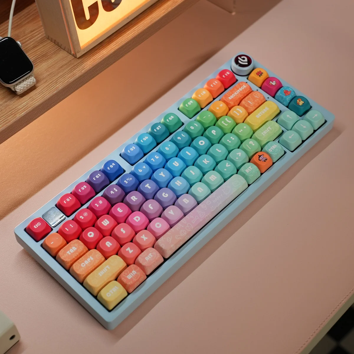 Full layout of 131 Rainbow PBT keycaps, including modifiers and novelty keys