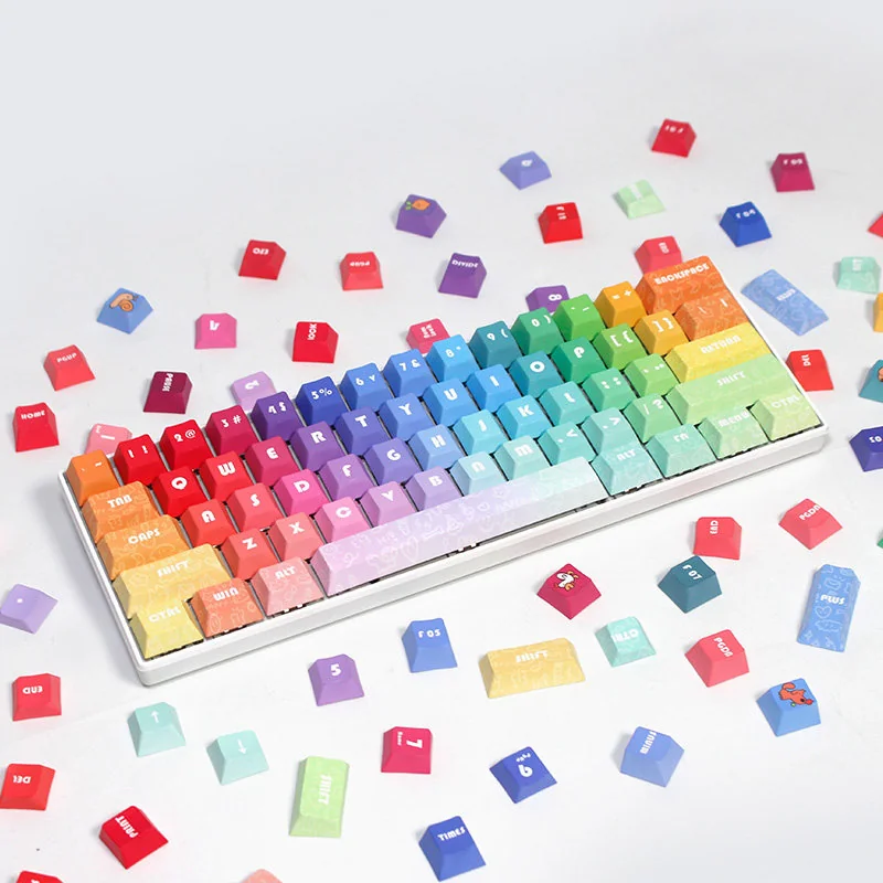 Detailed shot of individual Rainbow PBT keycaps, emphasizing the smooth finish and color saturation