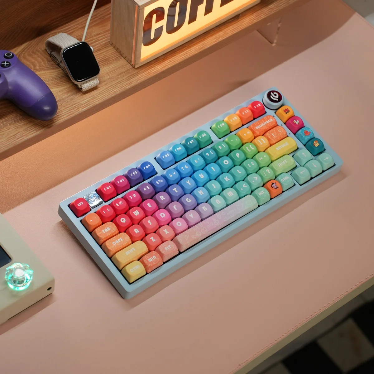 Close-up of Rainbow PBT keycaps, highlighting dye-sublimated legends and matte texture