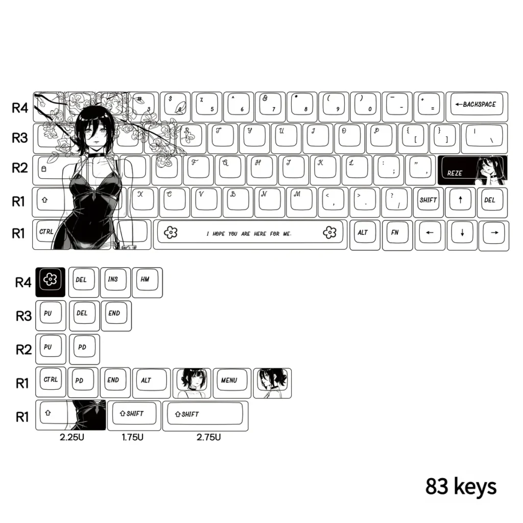 Close-up of Reze keycap design with spring anime aesthetic
